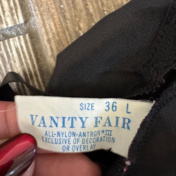Vintage 60s Vanity Fair Silky Satin Onyx Black Lace Pinup Full Slip Dress 36 - Picture 6 of 8